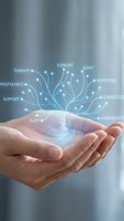 Cupped hands holding glowing digital tree with wellness keywords like therapy, mindfulness, support, sleep, nutrition, connection, community for holistic health.