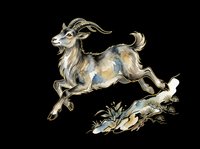 Watercolor leaping goat with horns in traditional Asian ink style, isolated on transparent background, ready for t-shirt design, stickers, clipart, and print on demand.
