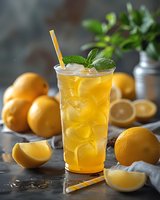 Refreshing iced lemon tea garnished with mint leaves and citrus slices in tall glass with yellow straw, surrounded by fresh lemons on dark background, perfect for summer beverage menu.