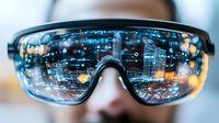 Futuristic protective eyewear reflecting digital cityscape with glowing network connections and bokeh lights. Modern technology concept showing virtual reality interface.