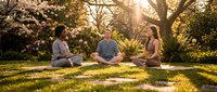 Three diverse young adults practicing meditation together on yoga mats in peaceful park setting during golden hour sunrise with blooming trees.