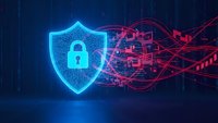 Cybersecurity shield with lock protecting against digital threats and data breaches on dark blue background for business security concepts.