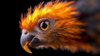 Dramatic close-up of secretary bird head with vibrant orange feathers and piercing yellow eye against dark background, showing detailed plumage and curved beak.