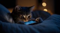 Tabby cat lying in bed at night looking at glowing smartphone screen, creating moody atmosphere with bokeh lights in dark background.