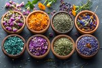 Colorful dried medicinal herbs, flowers and plants in clay bowls on dark background. Natural healing ingredients for herbal tea and alternative medicine.