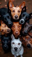Group portrait of mixed breed dogs looking up at camera, featuring various coat colors from black to brown and spotted patterns. Close-up view shows expressive eyes and faces.