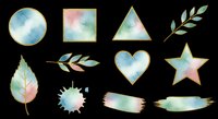 Watercolor design elements set with gold frames, leaves, heart, star, and brush strokes isolated on transparent background. Ready for stickers, clipart, and print on demand.