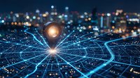 Glowing location pin on digital network map with city lights bokeh background representing GPS navigation and smart city technology concepts.