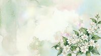 Delicate white flowers with green leaves on soft watercolor background in pastel tones for wedding invitations and romantic designs.