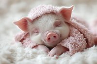 Adorable newborn piglet sleeping peacefully wrapped in soft pink blanket on fluffy white surface, close-up portrait showing delicate features and peaceful expression.