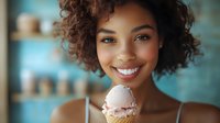 Young African American woman with natural curly hair smiling while holding strawberry ice cream cone against blurred cafe background, expressing joy and satisfaction.