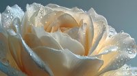 Delicate cream rose with water droplets on petals against soft blue background, creating romantic and fresh floral composition for wedding or greeting card designs.