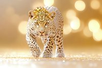 Majestic leopard walking on glittering golden surface against blurred bokeh background, dramatic wildlife scene with intense predator gaze and spotted fur pattern.