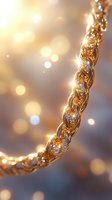 Luxurious golden rope chain necklace with sparkling diamonds on blurred bokeh background, macro shot showing intricate twisted metal pattern and jewelry details.