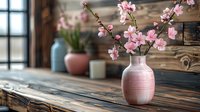 Pink cherry blossom branches in ceramic vase on rustic wooden table near window, with soft natural lighting and blurred potted plants in background.