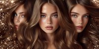 Young women with glowing skin and flowing brown hair surrounded by magical sparkles and golden light effects creating dreamy beauty portrait composition.