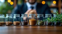 Glass jars filled with aromatic spices, herbs and seasonings arranged in row on wooden surface with professional male chef blurred in background, bokeh lights.
