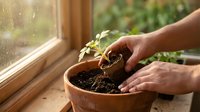 Hands planting young green seedling in terracotta pot by sunny window. Indoor gardening, home cultivation, plant care and sustainable living concept.
