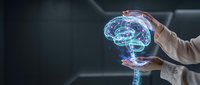 Professional hands presenting glowing digital brain hologram with neural networks, representing artificial intelligence, neuroscience research and cognitive technology innovation.