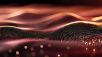 Abstract digital wave landscape with glowing particles forming undulating surface in copper and rose gold tones against dark background, modern technology visualization.