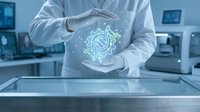 Professional scientist in white lab coat displaying holographic DNA double helix structure with glowing effects in modern laboratory environment for biotechnology research.