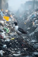 Seagull standing on garbage pile at landfill site amid plastic waste and pollution, environmental impact concept highlighting ecological crisis and waste management.