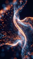Abstract glowing energy wave with swirling particles in orange and blue tones against dark background. Suitable for technology, innovation, digital transformation, and futuristic design projects.