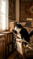 Black and white cat perched on vintage armchair with decorative vines in classic library interior with ornate rugs and antique furniture.