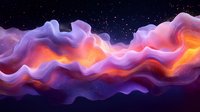 Vibrant cosmic waves in purple, orange and pink colors flow across starry night sky creating ethereal abstract aurora pattern with fluid motion effect.