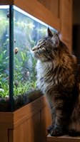Fluffy tabby cat with long fur gazes intently at aquarium filled with colorful fish and aquatic plants, perfect for pet behavior and indoor lifestyle content.