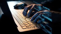 Hands typing on laptop keyboard with glowing AI learning holographic interface overlay showing artificial intelligence and machine learning concepts.