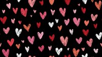 Hand drawn hearts in red, pink and white scattered on black background create romantic seamless pattern for Valentine's Day cards and love-themed designs.
