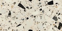 Modern terrazzo flooring pattern with black and gray stone fragments scattered on cream background, seamless repeat design for interior architecture projects.
