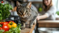 Curious tabby cat exploring kitchen counter with fresh vegetables and herbs while owner prepares food in background. Focus on feline's alert expression.