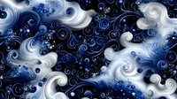 Swirling abstract waves in deep blue and white create dynamic cosmic pattern with spiral elements and starry effects. Seamless design for fabric and wallpaper backgrounds.