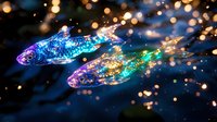 Magical glowing fish swimming in dark water with bokeh lights and sparkles, luminescent aquatic creatures in blue, purple and gold colors creating ethereal underwater scene.