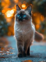 Siamese cat with striking blue eyes against warm orange bokeh background. Elegant feline portrait showcasing soft fur and regal pose on wet pavement at sunset.