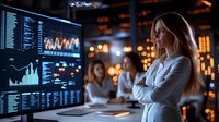 Young Caucasian businesswoman analyzing financial data on multiple screens in dark office with bokeh lights, colleague working in background.