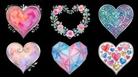Six watercolor heart clipart set isolated on transparent background, ready for Valentine's Day cards, stickers, t-shirt designs, and print on demand projects.