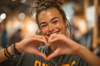 Young woman with curly hair making heart shape with hands, smiling joyfully against blurred bokeh background.