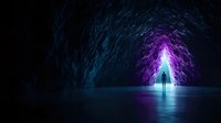 Silhouette of person standing in mystical cave tunnel with glowing purple and blue light creating ethereal atmosphere. Reflective water surface adds depth.