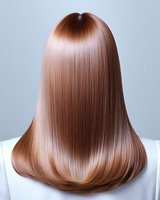 Long straight glossy rose gold hair shown from behind on light background, demonstrating professional hair care treatment and coloring technique results.