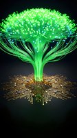 Glowing green fiber optic tree with circuit board roots on dark background, symbolizing digital growth and technology innovation.