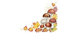 Autumn mushroom border with colorful fall leaves and fungi varieties on white background for seasonal design projects and nature themed layouts.