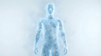Glowing blue digital human figure with particle effects dissolving into light, representing technology, artificial intelligence, and digital transformation concepts.
