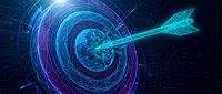Digital arrow hitting glowing target with futuristic HUD interface elements and neon blue purple light effects on dark background for business success concepts.