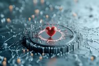 Red heart-shaped virus cell on futuristic circuit board with glowing connections and mechanical gears in cool teal tones, illustrating digital health concept.