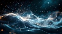 Glowing particles form ethereal wave against dark background with luminous blue energy stream and floating light dots creating cosmic atmosphere.