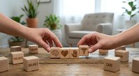 Two hands arranging wooden blocks with wellness and mindfulness symbols on rustic table in bright modern living room with plants and natural light.