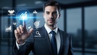 Professional businessman touching digital growth interface with analytics icons in modern office environment for business technology presentations.